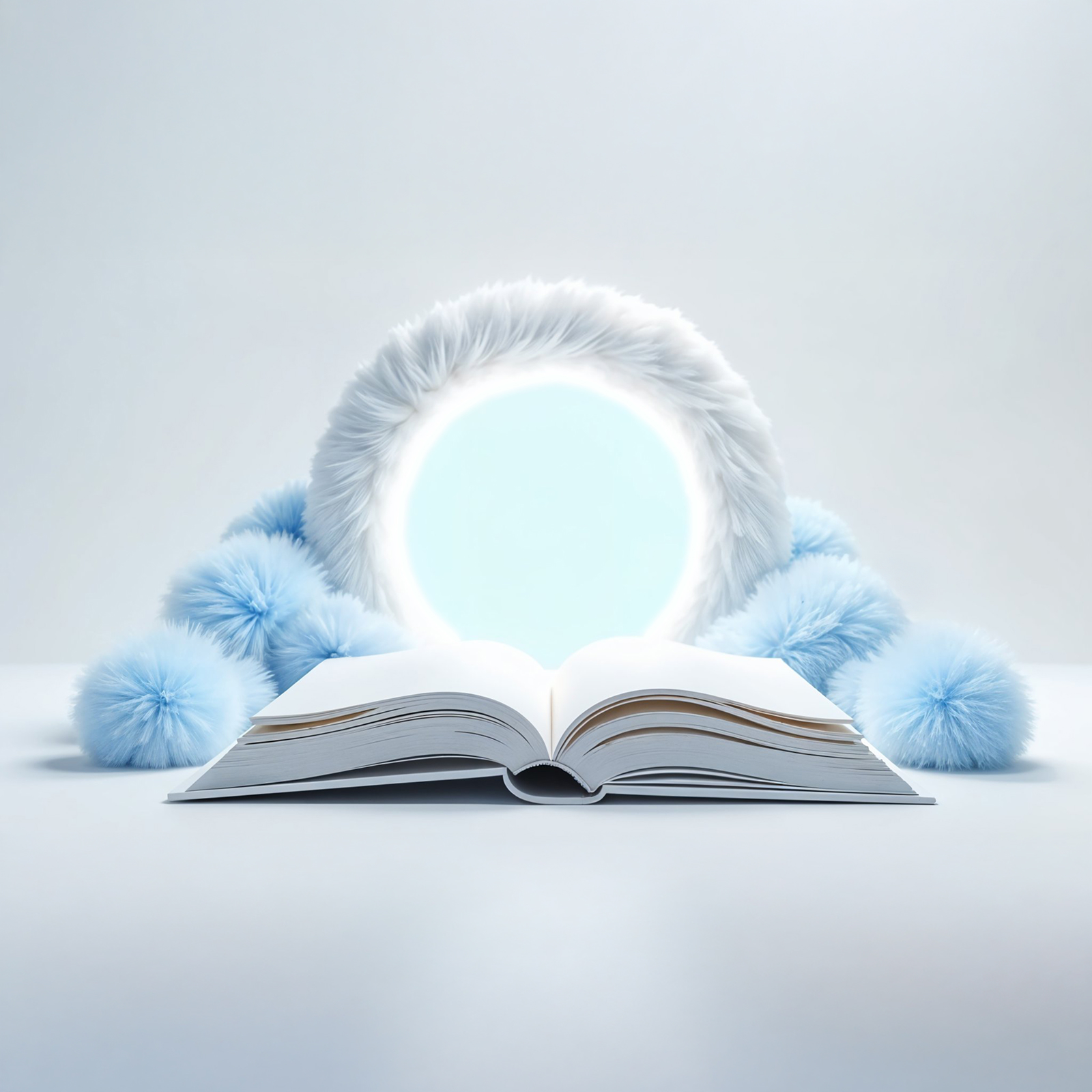 Aufgeschlagenes Buch mit leuchtendem Kreis und blauen, flauschigen Kugeln.