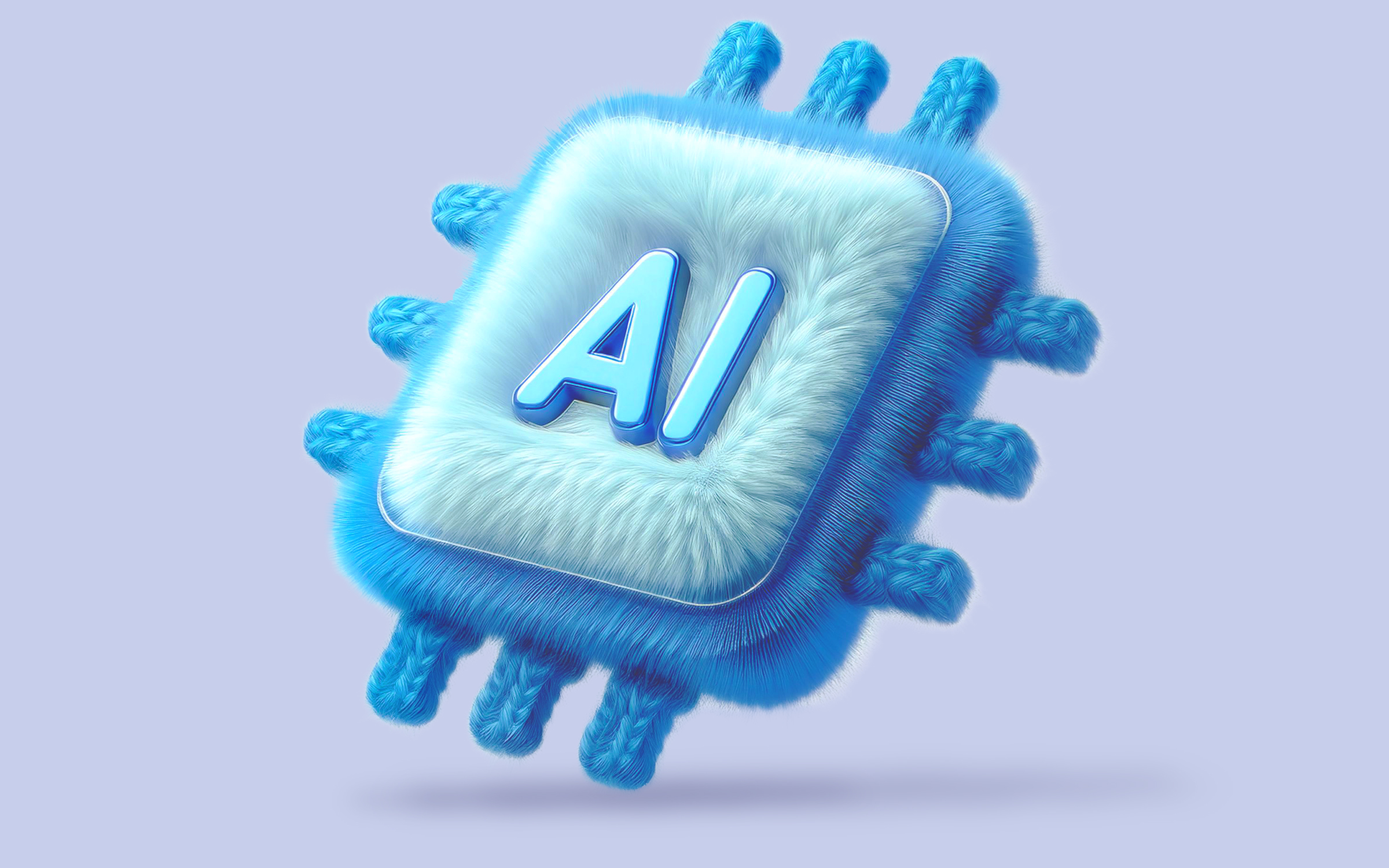 3D-Computerchip mit AI-Schriftzug in blauem, flauschigem Design.