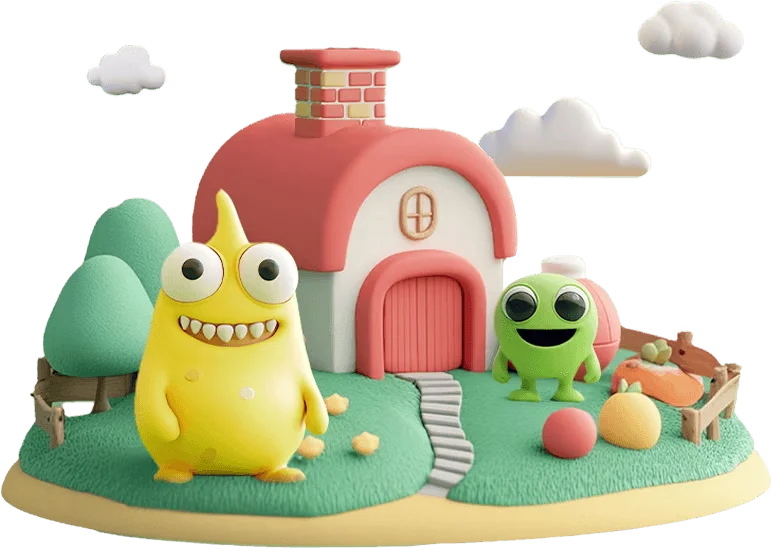 Die gelben und grünen Favorade-Figuren vor einem fantasievollen Haus.